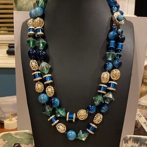 Japan Signed Elegant Blue and Gold Tone Beaded Necklace